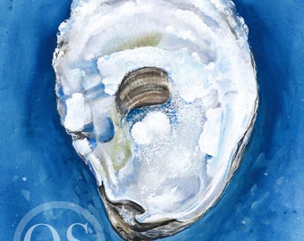 After Midnight, Signed Art Print from Original Watercolor Painting Oyster shell on deep blue, Chesapeake Bay Design