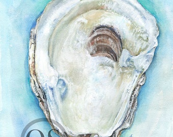 Chesapeake Oyster, Archival Art Print on watercolor paper, Blue Shell Beach Decor, Coastal Farmhouse, Vintage Design, Minimalist and neutral
