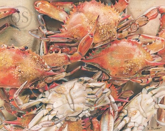 Red, Hot, Blues, Art Print of Original Chesapeake Bay Pastel Painting of Cooked Maryland Crabs, Crab Feast, Coastal Wall Art Decor