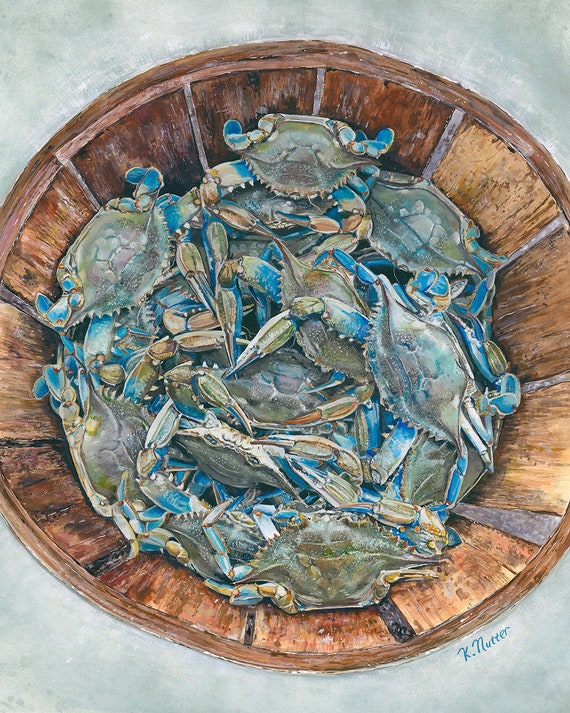 Bushel of Blue Crabs, Signed Art Print of Original Chesapeake Bay  Watercolor Painting of Blue Crabs in a Bushel Basket 