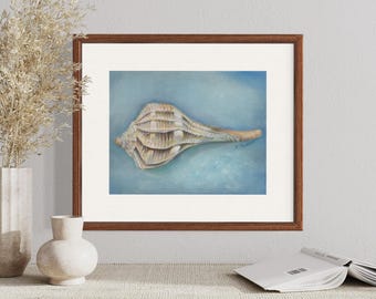 Lightning Whelk Florida Shell Painting, coastal beach art on calming blue pastel background