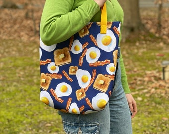 Marine spek, eieren en toast plezier, kleurrijke, funky, retro geïllustreerd patroon keuken supermarkt tote bag