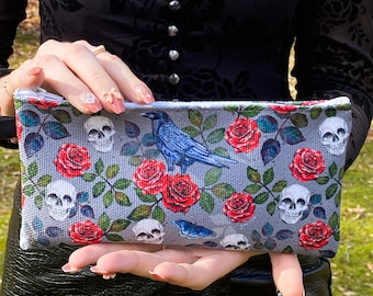 Goth Glam potlood, portemonnee, make-up, tas, kunst organizer tas met een schedel, vlinders en rozen