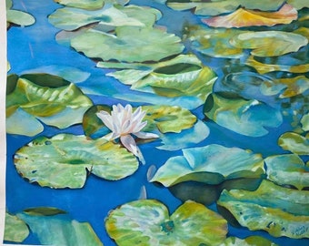 Aquatics Garden, Signed Archival art Print from Original Painting Featuring Lily Pads and lotus flower botanical— by artist, Kathleen Nutter