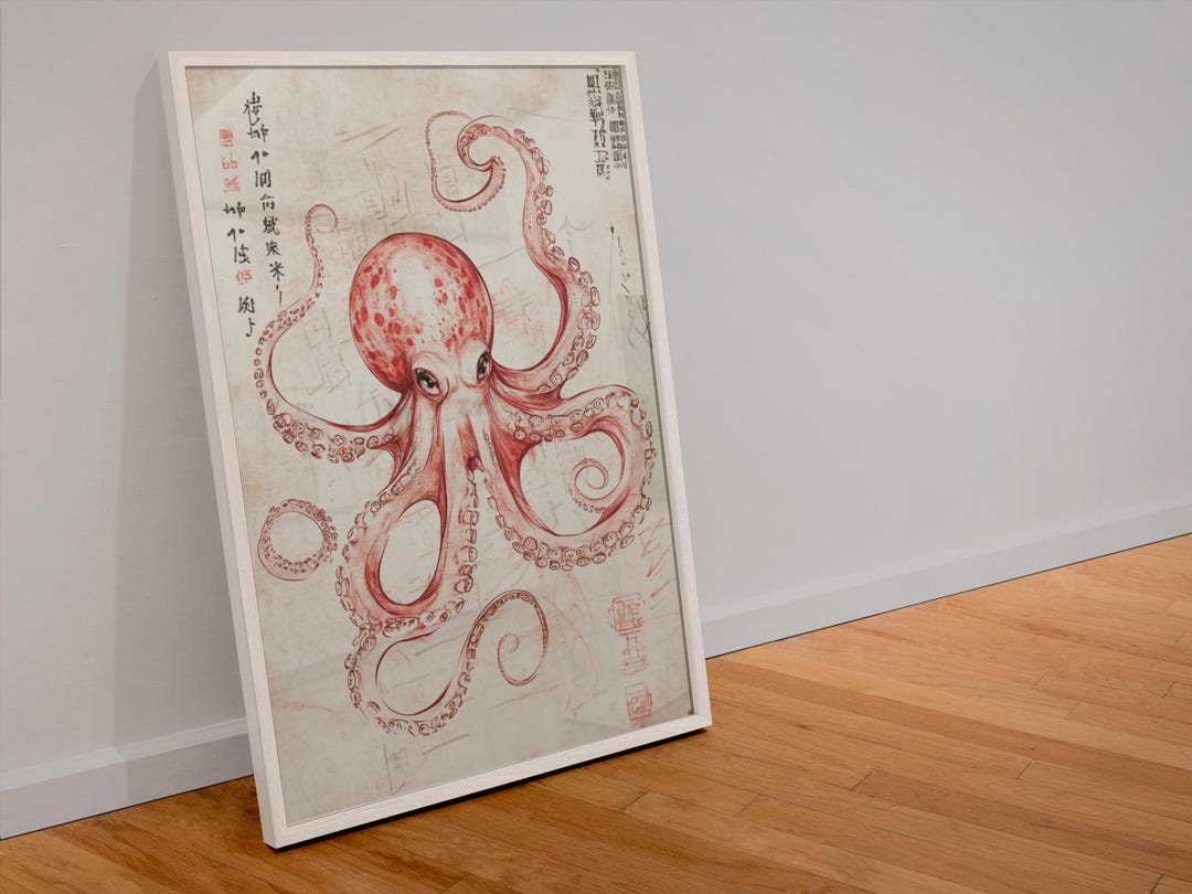 Octopus Wall Decor Poster Japan Japanese Calligraphy Watercolour Wall ...