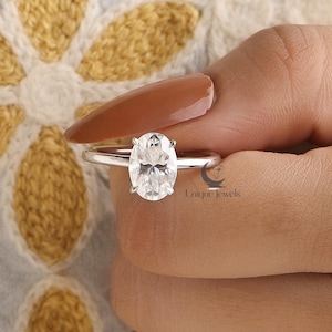 14K White Gold Hidden Halo Ring, 2 CT Oval Cut Moissanite Engagement Ring, Solitaire Wedding Ring, Anniversary Ring Gift for Women