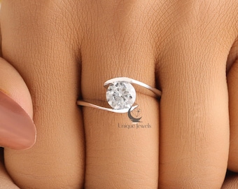 Moissanite-trouwring bypass, 1 CT ronde moissanite-verlovingsring, solitaire-ring van 14 kt witgoud, Swirl Promise-ring