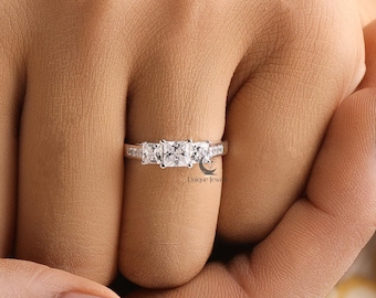 Massief 14K witgouden trilogieband, prinses geslepen moissaniet verlovingsring, drie stenen stapelring bruiloft, ring verjaardagscadeau voor haar