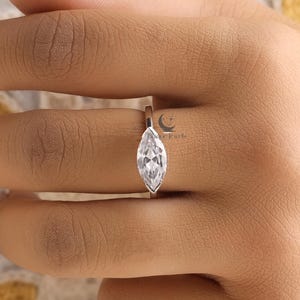 East To West Marquise Solitaire Ring, 2 CT Marquise Cut Moissanite Engagement Ring, 14K White Gold Half Bezel Set Ring, Unique Ring For Her