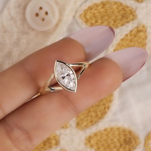 2 CT Marquise Cut Moissanite Engagement Ring, Bezel Set Solitaire in 14K Yellow Gold, Split Shank Anniversary Ring, Wedding Gift For Women