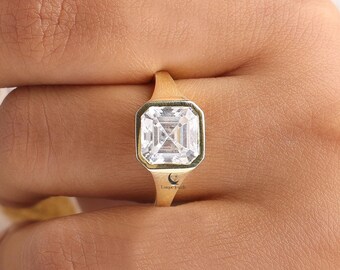 18 kt massief gouden herenring, 3 kt Asscher geslepen moissaniet verlovingsring, solitaire ring set stapelen trouwring, unieke sieraden voor vrouwen