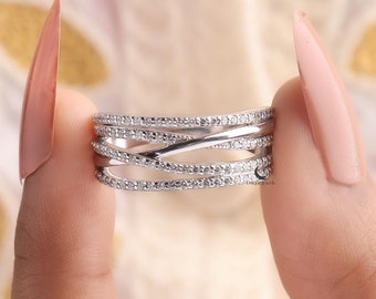 Criss Cross Moissanite Engagement Ring, 14K White Gold X Diamond Ring, Round Cut Crossover Wedding Ring, Delicate Anniversary Gift Ring