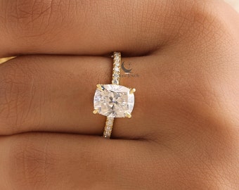2.5 CT Elongated Cushion Cut Moissanite Engagement Ring, 14K Yellow Gold Hidden Halo Ring, Solitaire With Accent Wedding Ring, Gift for Her