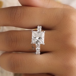 3 CT Princess Cut Colorless Moissanite Engagement Ring, Solitaire With Accent Hidden Halo Ring, 14K White Gold Wedding/Anniversary Ring