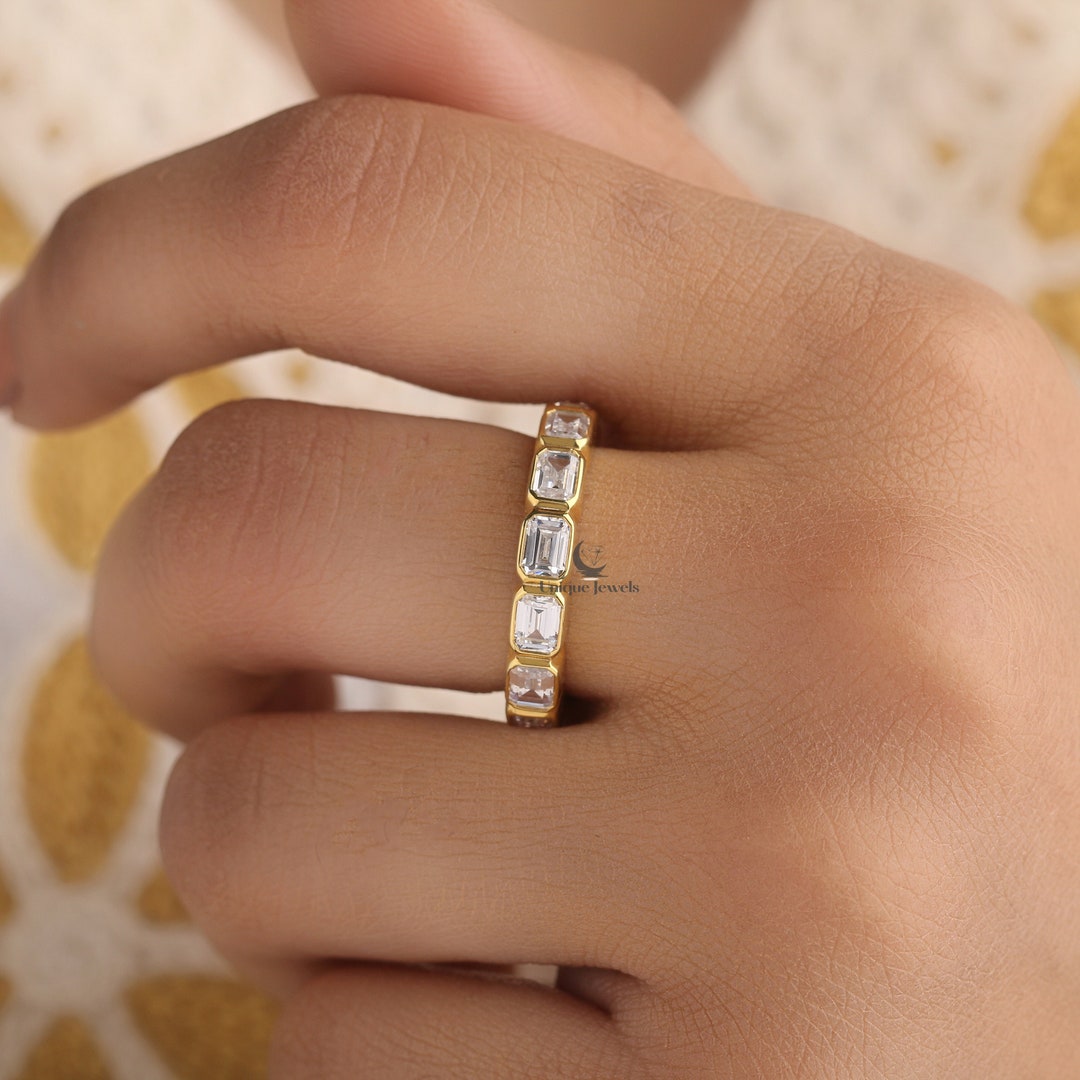 14K Yellow Gold Moissanite Wedding Band, Full Eternity Bezel Set Band ...