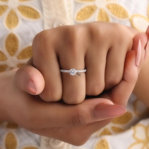 Round Cut Moissanite Engagement Ring, 14K White Gold Wedding Ring, Solitaire With Accent Anniversary Ring, Dainty Ring For Women