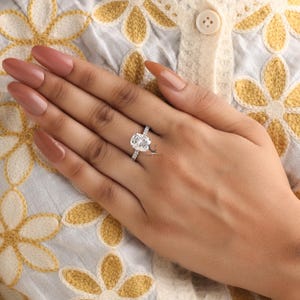 Hidden Halo Engagement Ring, 3 CT Elongated Cushion Cut Moissanite Ring, 14K White Gold Bridal Ring, Solitaire with Accents Ring For Women