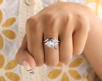 Oost naar west ring set bruidsringen, 2,5 CT ovale moissaniet verlovingsring, 14 kt witgoud gebogen trouwring, statement vrouwen sieraden