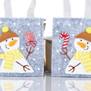 Wool and Felt Snowman Christmas Ornament Set, Matching Felt Snowmen Holding Hand Sewn Felt Peppermint Candy, Handmade Teacher Gift image 1