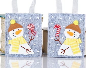 Wool and Felt Snowman Christmas Ornament Set, Matching Felt Snowmen Holding Hand Sewn Felt Peppermint Candy, Handmade Teacher Gift