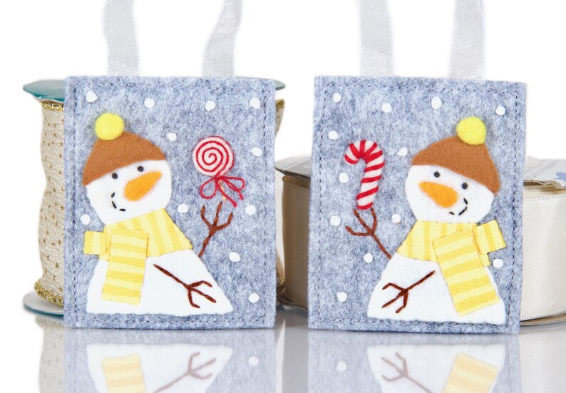 Wool and Felt Snowman Christmas Ornament Set, Matching Felt Snowmen Holding Hand Sewn Felt Peppermint Candy, Handmade Teacher Gift image 1