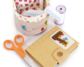 Basket and Needle Case Sewing Kit, Crafter and Seamstress Notions Storage, Felt Bird Embroidery on Linen, Book for Sorting Pins and Thread