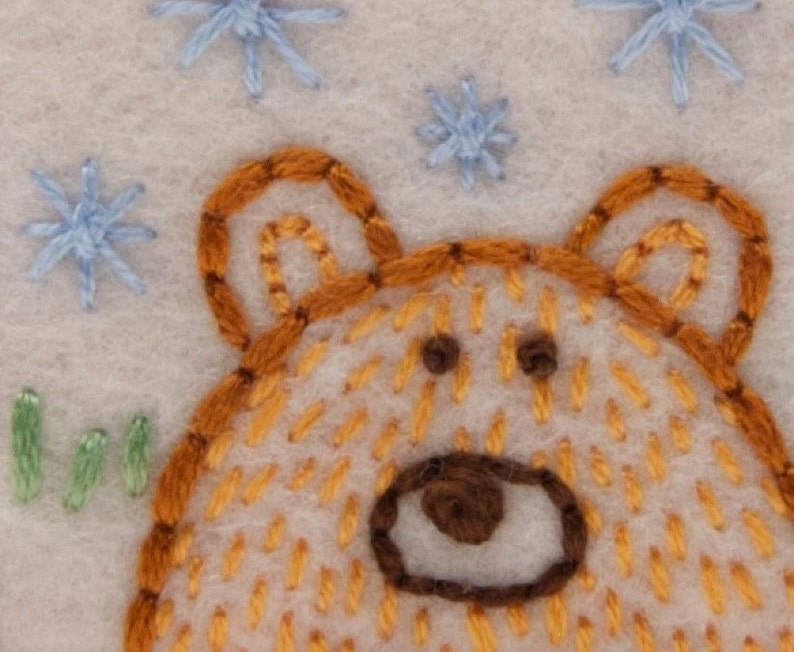 Felt Bear Ornament, Christmas Tree Decoration, Brown Bear Totem, Animal Gift Decoration, Hand Embroidered Bear and Winter Sky, OOAK Bear image 3