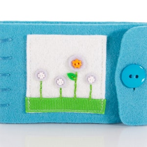 Small Sewing Case, Travel Size Needle and Thread Holder, Embroidered Felt Flowers on Turquoise Wool Felt Book, Sewing Project Organizer image 1