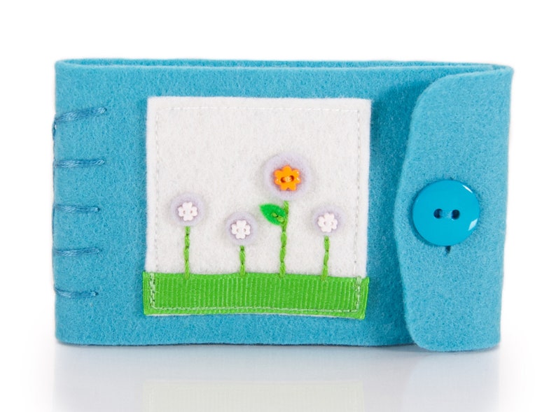 Small Sewing Case, Travel Size Needle and Thread Holder, Embroidered Felt Flowers on Turquoise Wool Felt Book, Sewing Project Organizer image 1