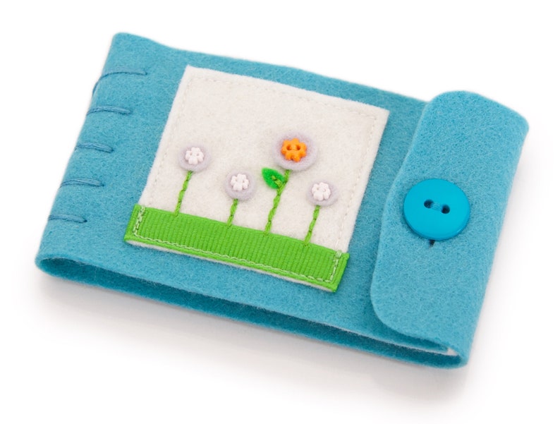 Small Sewing Case, Travel Size Needle and Thread Holder, Embroidered Felt Flowers on Turquoise Wool Felt Book, Sewing Project Organizer image 2