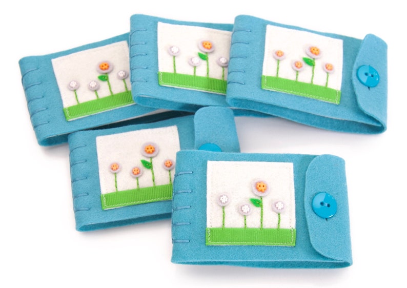 Small Sewing Case, Travel Size Needle and Thread Holder, Embroidered Felt Flowers on Turquoise Wool Felt Book, Sewing Project Organizer image 4