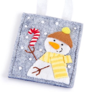 Wool and Felt Snowman Christmas Ornament Set, Matching Felt Snowmen Holding Hand Sewn Felt Peppermint Candy, Handmade Teacher Gift image 4