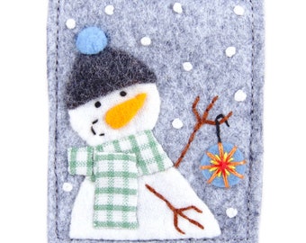 Felt Snowman Christmas Ornament, Hand Sewn Fabric Snowman With Green Gingham Scarf and Grey Felt Hat, Tiny Embroidered Christmas Bauble