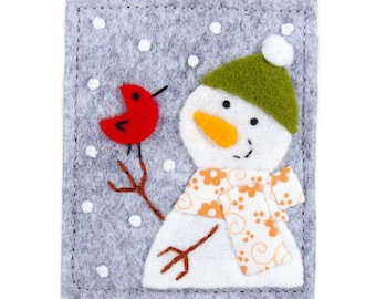 Snowman and Red Cardinal at Christmas, Small Handmade Christmas Ornament Made of Felt, Gift For Wild Bird Lovers, Nature Enthusiast Present