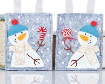 Snowman and Candy Christmas Ornaments, Hand Embroidered Wool and Felt, With Candy Cane and Peppermint Lollipop, Handmade Gifts Under 25