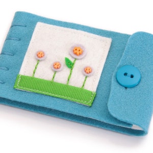 Mini Needle Case, Travel Size Needle and Thread Holder, Embroidered Felt Flowers on Turquoise Wool Felt Book, Sewing Project Organizer image 1