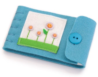 Mini Needle Case, Travel Size Needle and Thread Holder, Embroidered Felt Flowers on Turquoise Wool Felt Book, Sewing Project Organizer