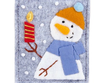 Christmas Hand Sewn Ornament, Featuring Fabric Snowman Holding a Red Felt Candle, Merry Christmas Embroidery, Classic Snowman and Snowflakes