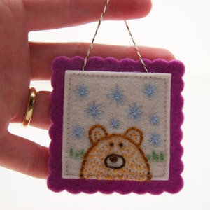 Felt Bear Ornament, Christmas Tree Decoration, Brown Bear Totem, Animal Gift Decoration, Hand Embroidered Bear and Winter Sky, OOAK Bear image 4