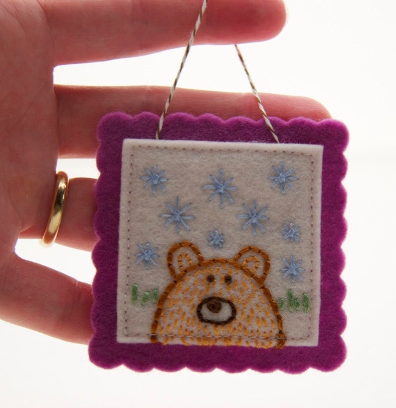 Felt Bear Ornament, Christmas Tree Decoration, Brown Bear Totem, Animal Gift Decoration, Hand Embroidered Bear and Winter Sky, OOAK Bear image 4