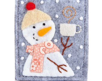 Handmade Felt Christmas Ornament, Cute Snowman Holding Mug of Hot Cocoa, Hand Sewn Christmas Present Idea For Him, Stocking Stuffer For Dad