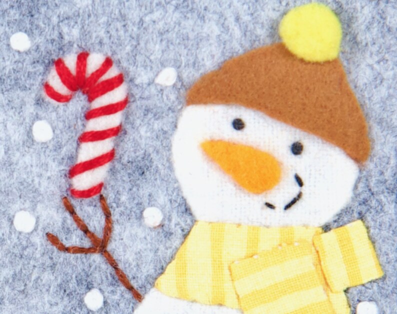 Wool and Felt Snowman Christmas Ornament Set, Matching Felt Snowmen Holding Hand Sewn Felt Peppermint Candy, Handmade Teacher Gift image 5