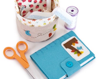 Sewing Set, Aquamarine Felt Needle Case With Linen Basket, Pin and Needle Storage and Thread Catcher for Quilters and Sewers, Gift Under 50