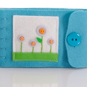 Mini Needle Case, Travel Size Needle and Thread Holder, Embroidered Felt Flowers on Turquoise Wool Felt Book, Sewing Project Organizer image 2