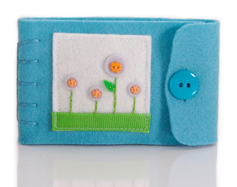 Mini Needle Case, Travel Size Needle and Thread Holder, Embroidered Felt Flowers on Turquoise Wool Felt Book, Sewing Project Organizer image 2