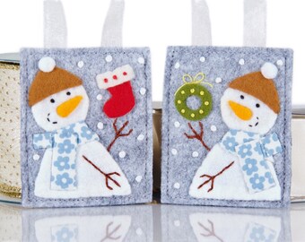 Felt Christmas Ornaments, Hand Sewn Snowmen Set, Christmas Gift Tags and Present Decorations, Unique Teachers Gift, Small Coworker Gift