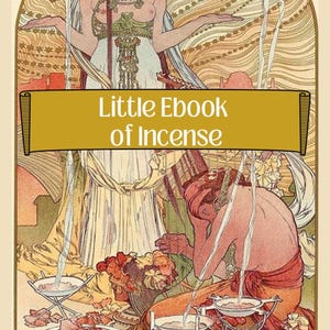 Puede incluir: Una ilustración de una mujer con un vestido blanco fluido y una corona de plumas de pavo real, sosteniendo un quemador de incienso dorado. La mujer está de pie frente a un hombre arrodillado que sostiene un quemador de incienso similar. La imagen se titula "Little Ebook of Incense" y el nombre del artista es "Justine Crane".