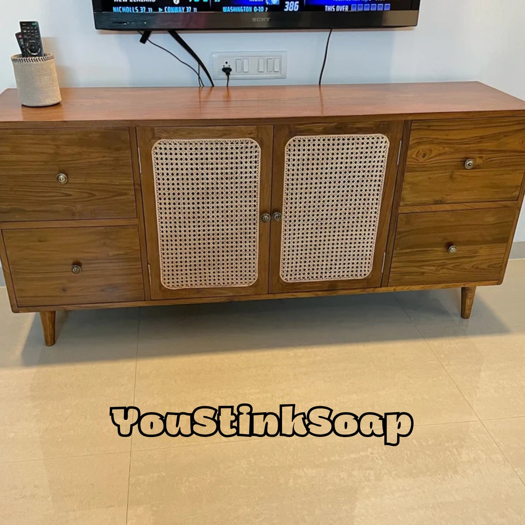 Mid Century Solid Teak Tv Unit Natural Wooden Media Stand Etsy