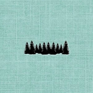 May include: Silhouette of a row of evergreen trees against a light blue textured background.