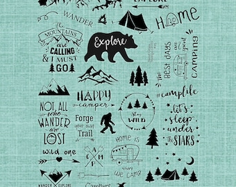 Camping Rubber Stamp Sheet - 8 1/2" x 11" Outdoor Adventure - Explore - Tent - Pine Trees - Mountains - Bear - Arrow - Wander - Bigfoot #25